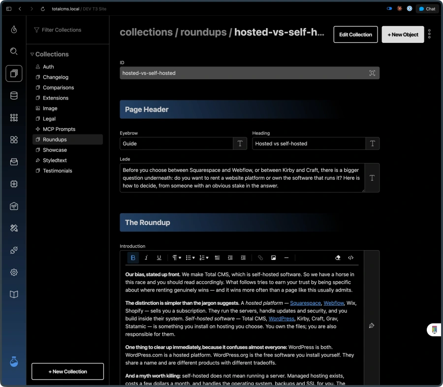 Editing content in Total CMS: forms are generated from each collection’s schema, with rich text, meta fields, and per-field permissions.