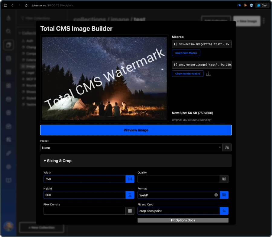 The Image Builder: on-the-fly resizing, cropping, format conversion, and watermarking, with copy-paste Twig macros for every variant.