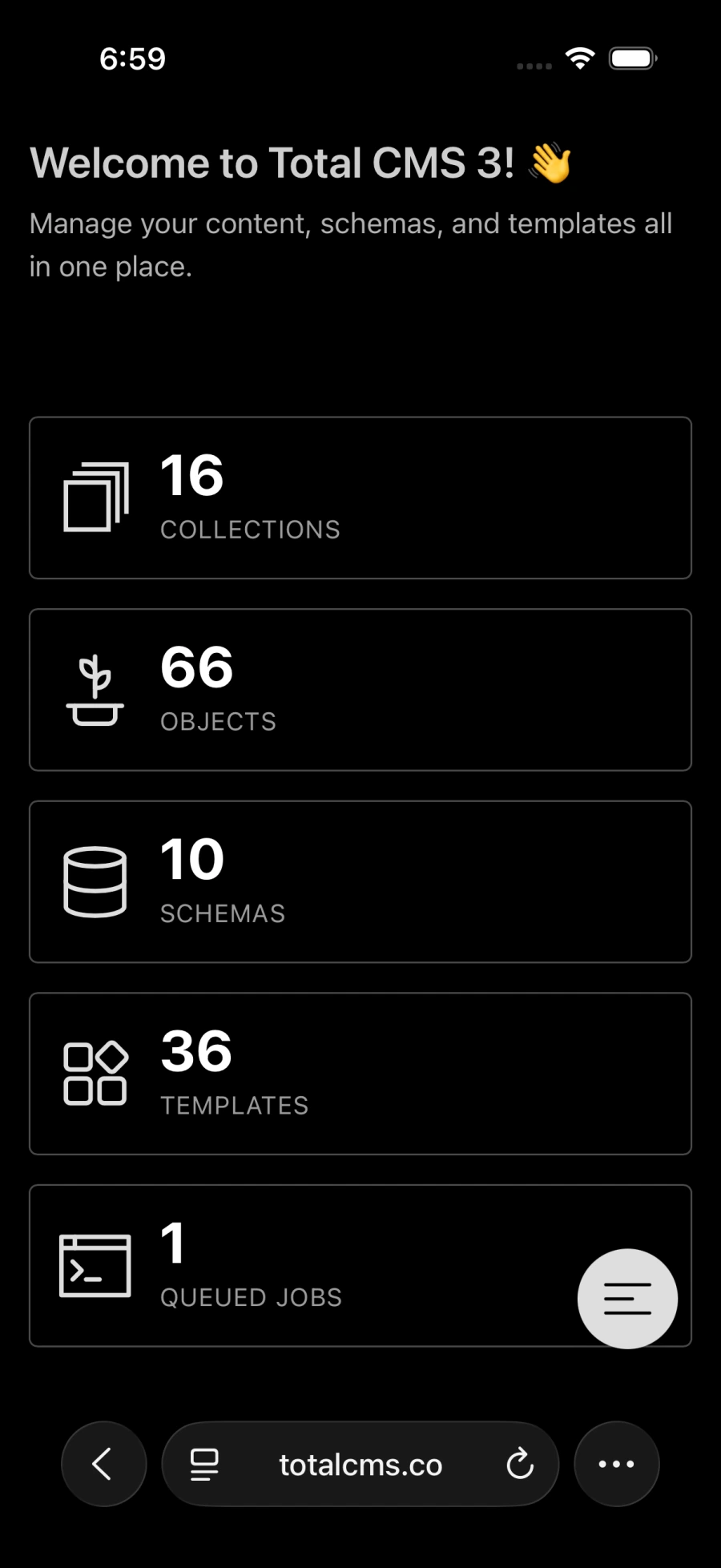 The full admin, phone-sized: every screen in Total CMS is responsive.