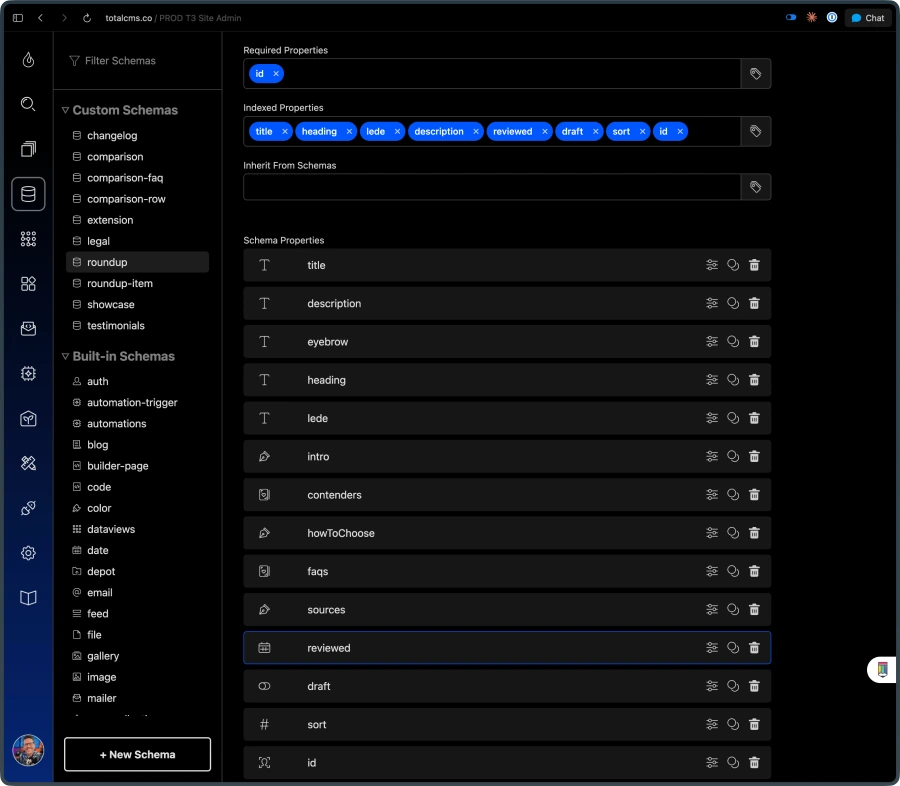 The schema editor: site owners define custom content types with 30+ field types, required and indexed properties, and nested deck sub-schemas.