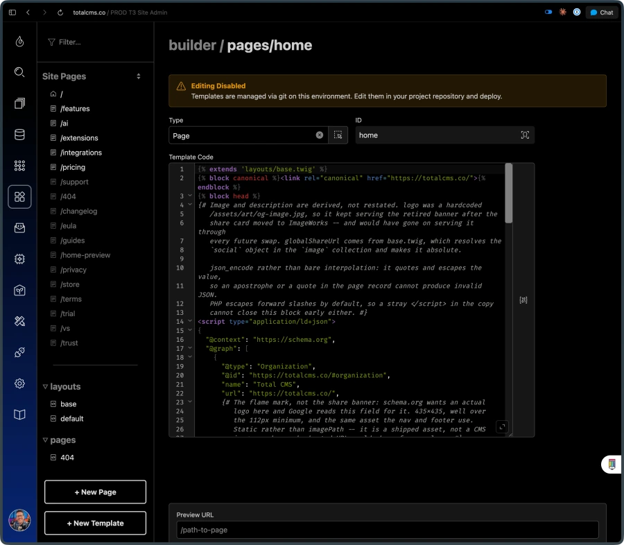 Site Builder: pages, layouts, and Twig templates managed in the admin — or via git, with in-admin editing disabled on deployed environments.